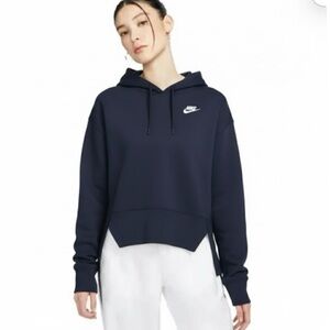 NIKE Navy Blue Hoodie High Low Boxy Cropped Fit Side Slits Womens Size Small